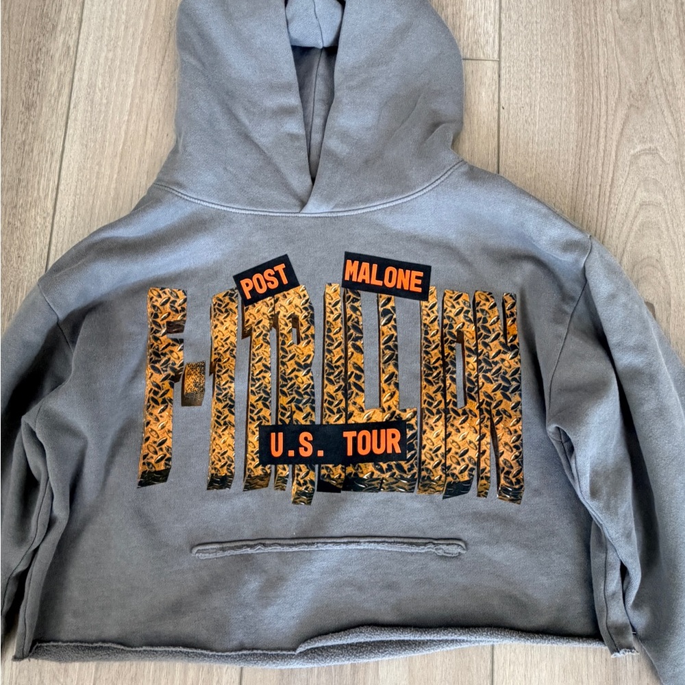 Post Malone Gray Cropped U.S. Tour Hoodie with Orange Graphic - Picture 2 of 5